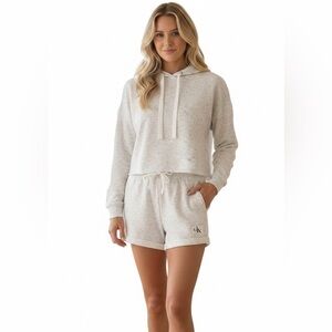 CK Cropped Hoodie & Cuffed Highrise Shorts Off White & Black Speckled Lounge Set